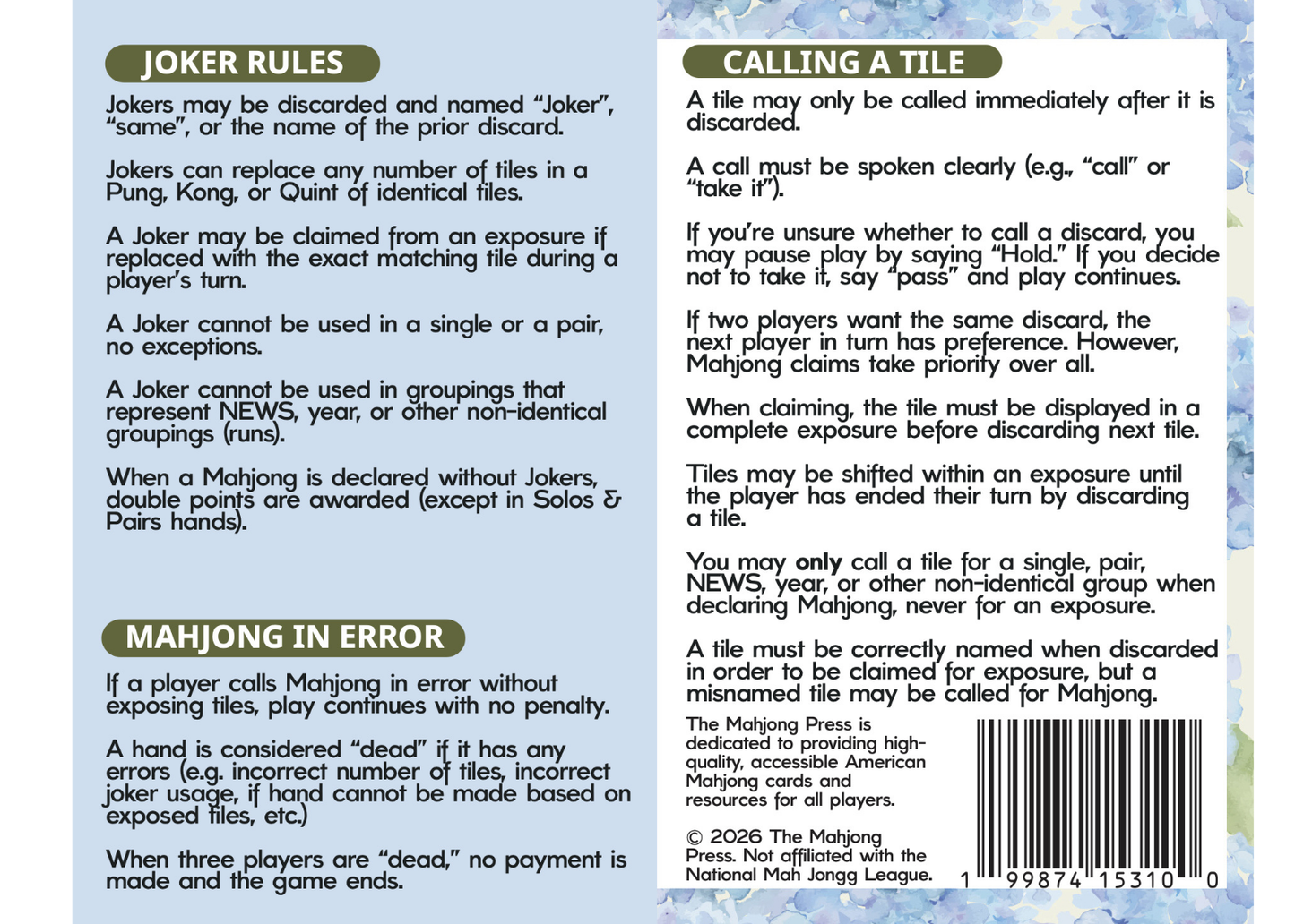 2026 American Mahjong Card – Darling Cover