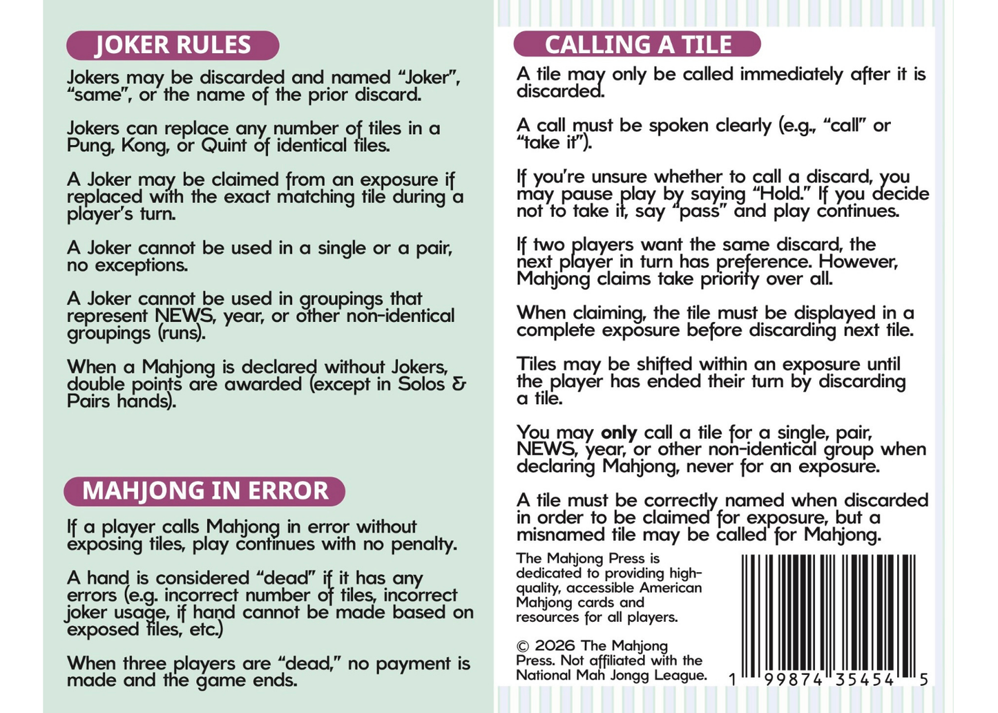 2026 American Mahjong Card – Annual Edition