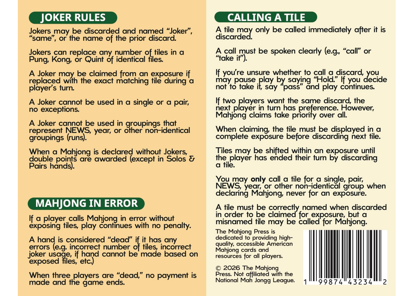 2026 American Mahjong Card – Tropics Cover